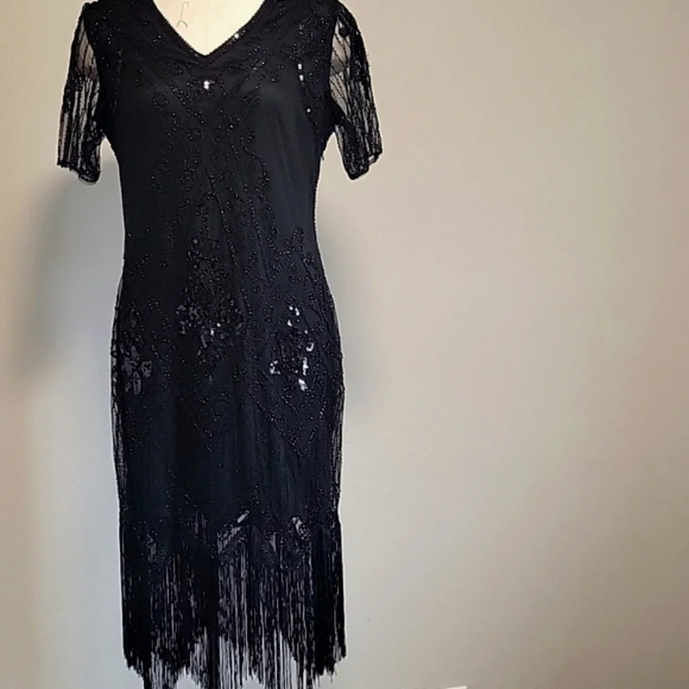 1920s Flapper Black Beaded Fringe High-Low Dress